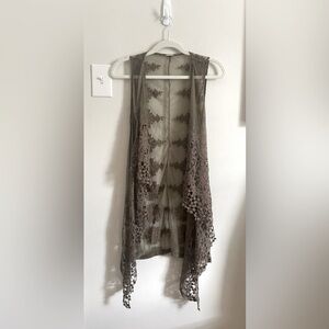 Chico’s Black Label Crochet Lace Long Vest, Olive Green, Sz. Small